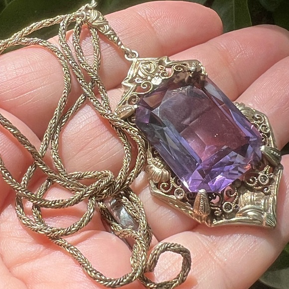 ANTIQUE ART DECO EMERALD CUT AMETHYST STERLING SILVER NECKLACE MADE IN GERMANY - Picture 15 of 16